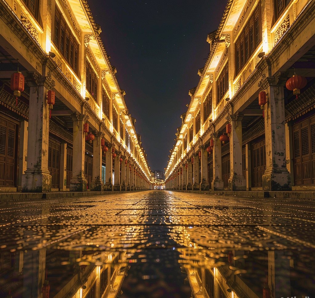 Lantern-lit arcade street in Chaozhou old town