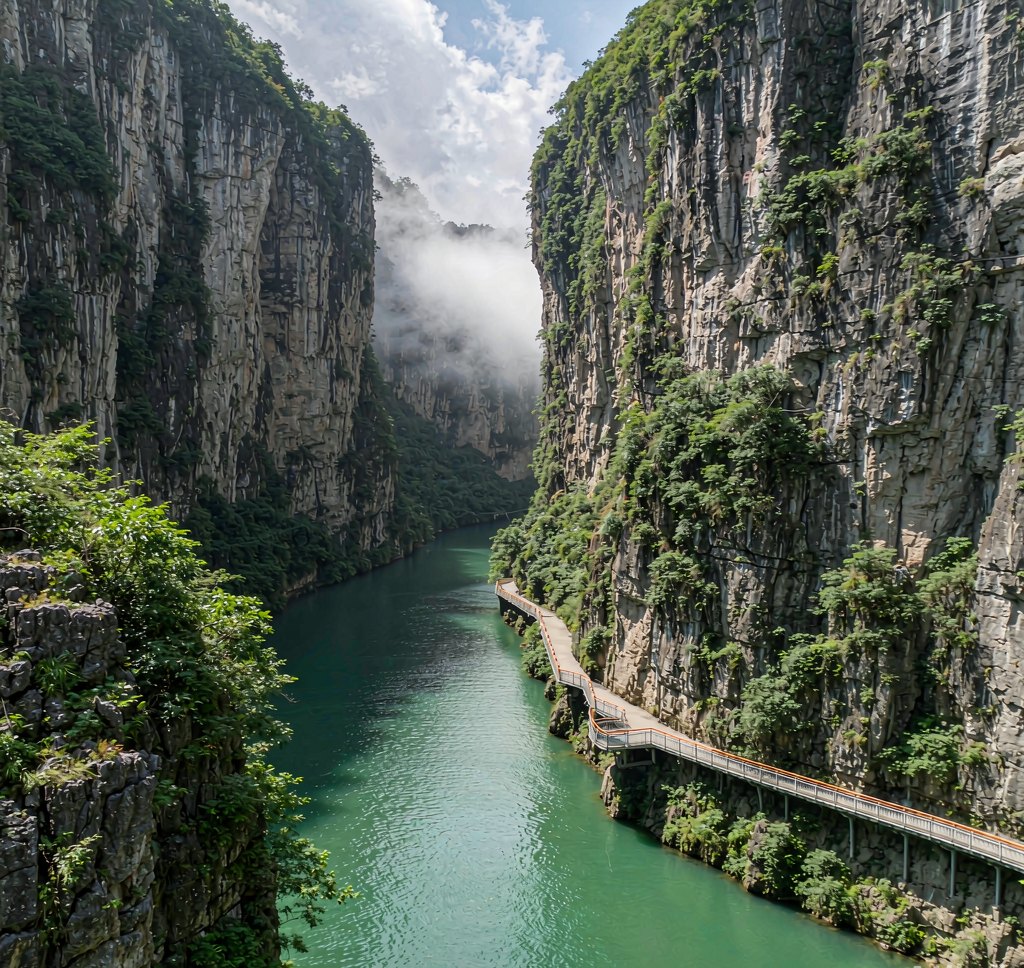 Cliffside walkway above a turquoise river in Enshi Grand Canyon, Hubei, China