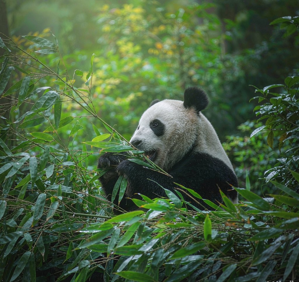 Giant panda eating bamboo in a bamboo forest